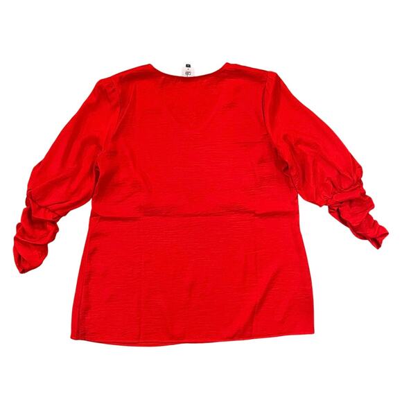 CAbi Aurora Vermillion Bright Red Ruched Sleeved V-Neck Blouse - SIZE M - Picture 2 of 8